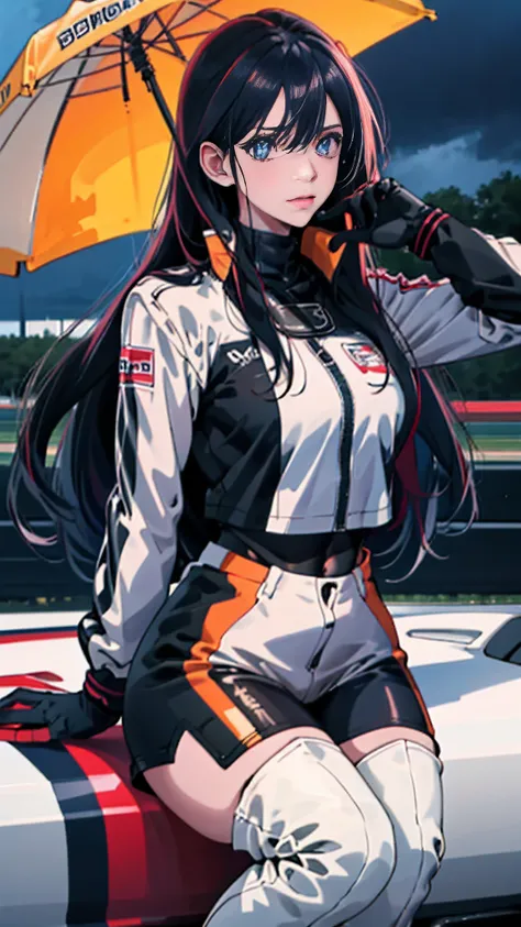 masterpiece,(ultra-detailed),1girl,, car,  racecar, circuit,   black bodysuit, cropped jacket, white jacket, long sleeves, two-tone gloves, thigh boots,The belly is exposed，large bust，Large breasts，long leges，Love Hoshino of racing，Flame it up，Squat or sta...