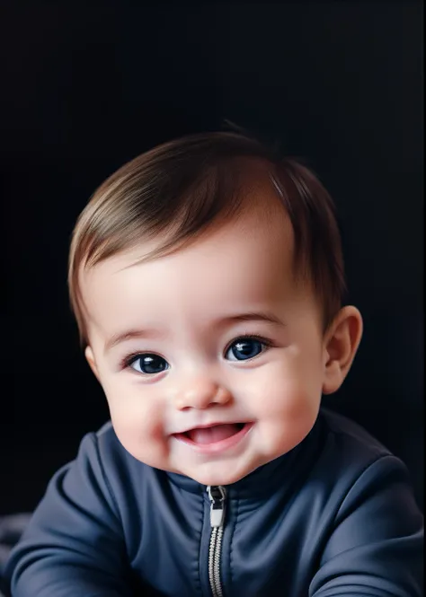 Create a illustration of a baby in jumpsuit smiling with eyes open with a dark background