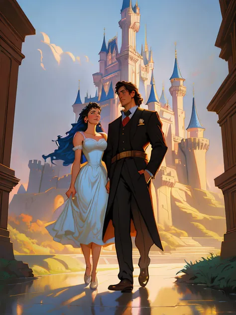 painting of a couple in a wedding dress standing in front of a castle, disney concept art, style of tim hildebrandt, romance novel cover, greg hildebrandt highly detailed, by Tim Hildebrandt, rob rey, rob rey and kentarõ miura style, by Greg Hildebrandt, d...