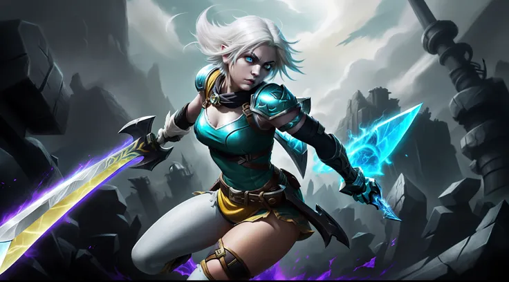 Riven from League of Legends, short bulk white hair, white eyebrows, dark yellow eye color, steel shoulder straps over her shoulder, a big thick sword in her hand, riot games splash art