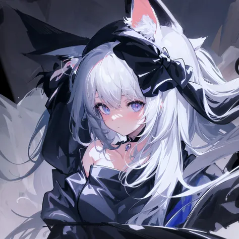 anime girl with white hair, black ears and black cat ears, style of anime4 k, anime girl with cat ears, very beautiful anime cat...