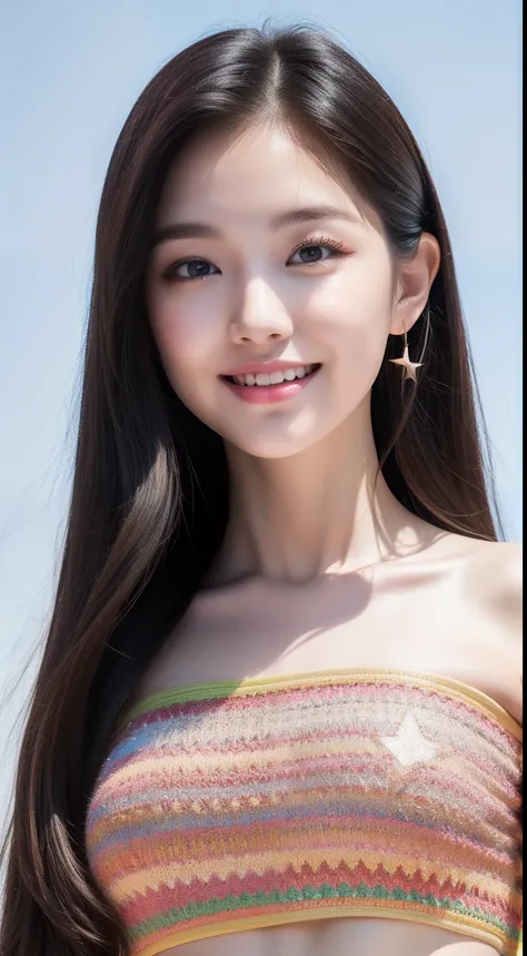 realistic photos of 1 cute Korean star, straight hair , white skin, thin makeup, 32 inch breasts size, slightly smile, wearing multicolour crop top, tower is backdrop , sunshine light, close-up portrait, halftone, UHD