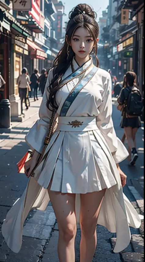 A high resolution，1 beautiful young woman，（Soft saturation：1.3）， （Fair skin：1.2），Full body like、Wearing white Hanfu，85mmレンズ，f/8.0，huge tit，A brown-haired，（China Street：1.3），1girll，18yr old，（Porcelain dress：1.5），Side tie peek，（Blue and white porcelain minis...