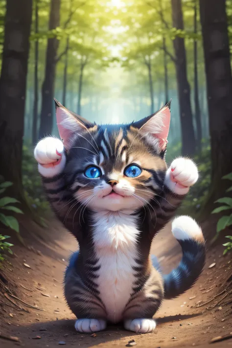 a cute little cat　naturey　in woods　Raise one arm and close your eyes and lick your hand　Deities々Right　Your eyes are blue.　fluffly