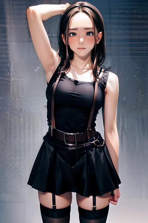 Black skirt, Black Tank Tops　suspenders, Brown hair short, Gray eyes, Garter belt on the legs, Tight clothes, 　　 a belt　Armpit sweat　　deadpan　large full breasts　Forehead Center