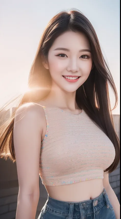 realistic photos of 1 cute Korean star, straight hair , white skin, thin makeup, 32 inch breasts size, slightly smile, wearing multicolour crop top, tower is backdrop , sunshine light, close-up portrait, halftone, UHD