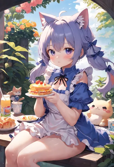 Ruffles are not required on the arms，Stay in the garden，Anime cat ears girls wear one piece, Loli in clothes is eating breakfast, small curvaceous loli, Art is not the Guweiz style, Güvez on Pisif Art Station, guweiz on artstation pixiv, Guviz, Little girl...