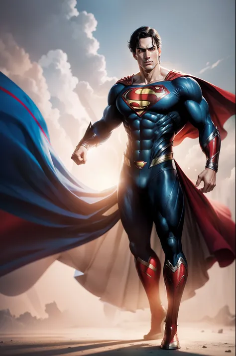 "A dramatic full body shot of a superman, in white background"