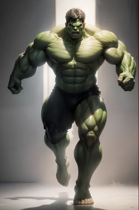 "A dramatic full body shot of a Hulk, in white background"