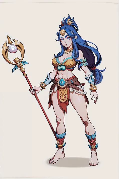 1个Giant Breast Girl、独奏，full bodyesbian，Kaio，standing on your feet，Pearl decoration，Trident staff，simple backgound，Magical fantasy design，character concept design，Beautiful face and eyes，tmasterpiece，best qualtiy，Best resolution，high definition detail