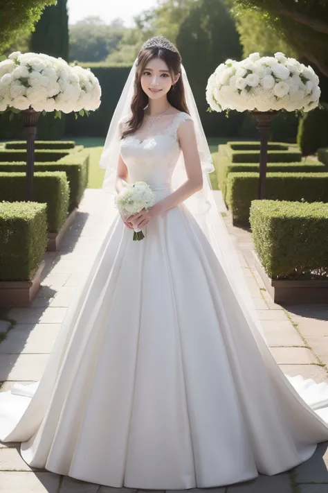 (​masterpiece、top-quality、ultra-detailliert、Best Shadows)、Hyper-detailing、The best lighting、View of the garden wedding venue、20 years girl、((white wedding dress))、beautiful tiara、Gorgeous Necklaces、Wedding Cape、Greet customers with a smile