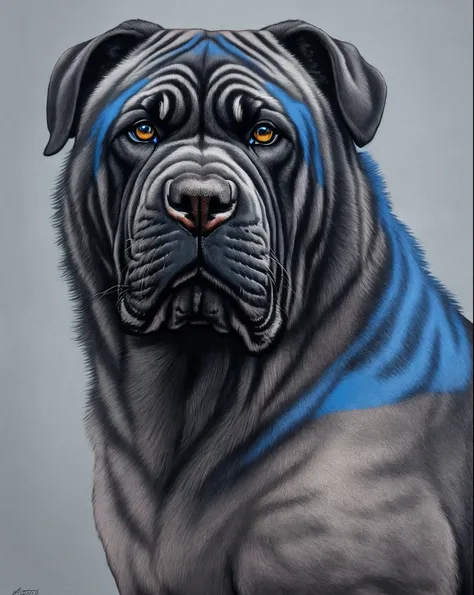 Bandog Mastiff Realistic Art Tattoo Cane Grey Black with (((ojos azules))) Muestra un efecto de boceto de salpicadura de tinta ,Boquiabierto, He looked very fierce and angry.，Classical Chinese Art Style, cuerpo entero