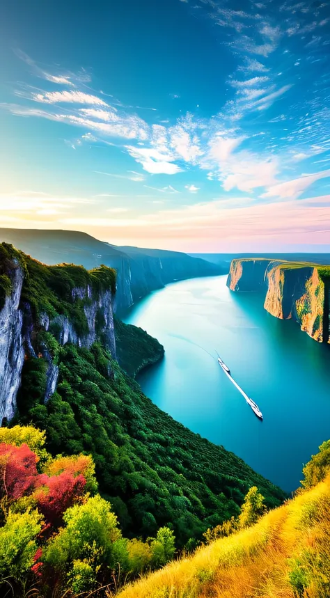 Masterpiece, ultimate quality, Cg unity 8k wallpaper, super delicate, beautiful sky and clouds, rich natural scenery, cliffs, lakes and rivers, waterfalls and flying water, beautiful green mountains, no trace of people, excellent scenery, has already won a...