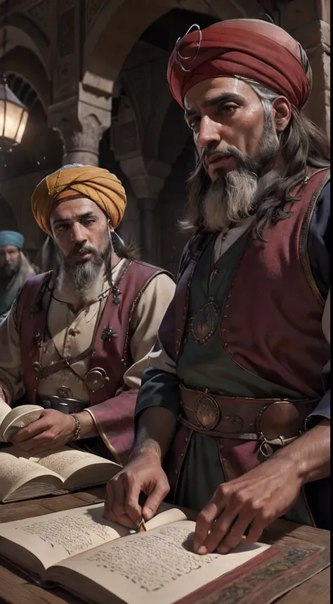 vieils hommes arabes moroccan poor scholars with simple clothes moroccan Wear red turbans , hyper realistic faces hyper realistic bodies sharp Medieval Arabic, discussing Books palais, ou, lighting, bouteille et verre de boisson sur la table pleine de nour...