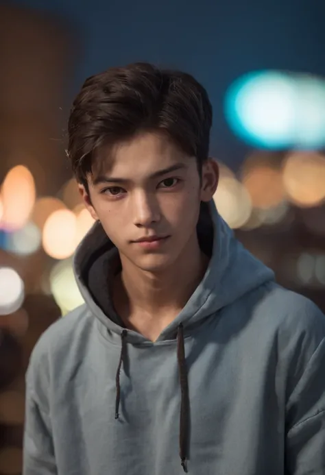 （（17 year old boy with light brown skin）），dancing pose，（（Wear a hooded shirt）），（（with brown eye））），looks into camera，A full face，（（Cyberpunk night city in the background）），（（（The starry sky of the full moon）），（（（blue colors，Modern clothing in black and pur...