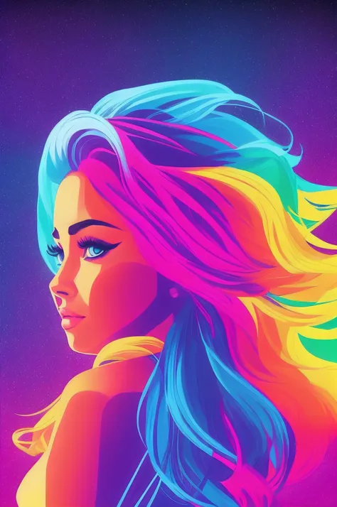 A woman with long hair and a colorful dress is looking away, Jen Bartel, vibrant fan art, rossdraw desenho animado vibrante, pintura digital vibrante, RossDraw pastel vibrante, pintura digital colorida, arte vetorial multicolorida, Megan Fox retrato colori...