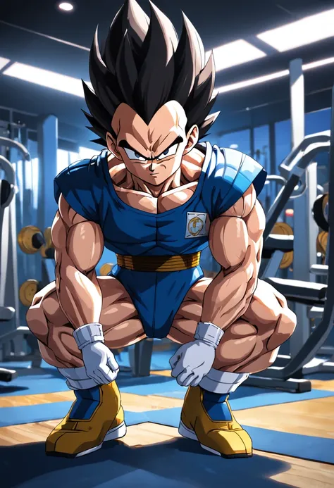 Un dibujo detallado del entrenamiento intenso de Vegeta en un gimnasio de culturismo.