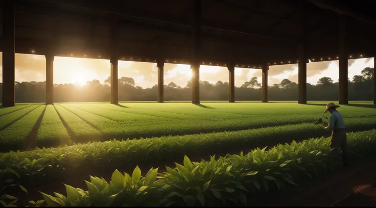 A memorable scene from a plantation field, where a man sows seeds. The immersive and realistic environment is enhanced with dramatic and deep lighting.