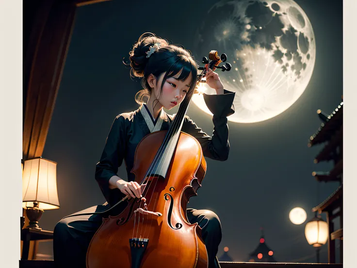 oriental girl silhouette playing a cello. Moonlight. Full moon