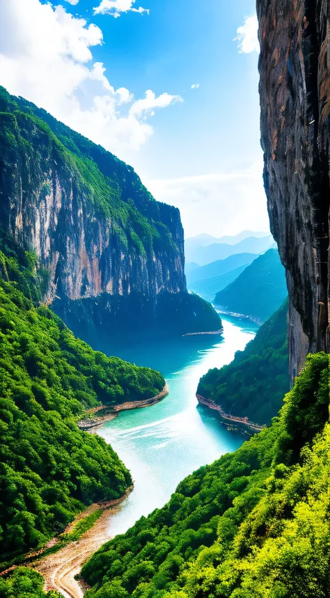 Masterpiece, ultimate quality, Cg unity 8k wallpaper, super delicate, beautiful sky and clouds, rich natural scenery, cliffs, lakes and rivers, waterfalls and flying water, beautiful green mountains, no trace of people, excellent scenery, has already won a...