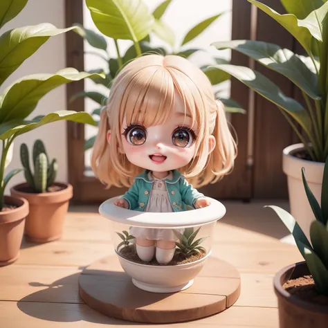 cute baby chibi anime,（（（super masterpiece、top-quality、ultra-detailliert、女の子1人、chibi：1.5））、chibi living、houseplant、cute potted p...