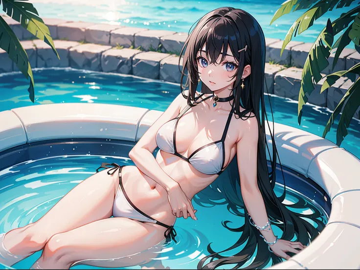 2d, (simple background), BREAK masterpiece, finaly best quality, ultra-detailed, best quality, ((kawaii)), 1girl, cute, black hair, (white bikini:1.1), (poolside), sunshine, various hair style, (lens flare:0.6), (white Sparkle:1), (reflection of light:1.2)...