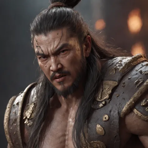 (professional 3d render:1.3) af (Realistic:1.3) most beautiful artwork photo in the world，Features soft and shiny ancient Chinese male heroes, ((Epic hero fantasy muscle man rough wet hero angry looking long hair short beard and ferocious expression in dyn...