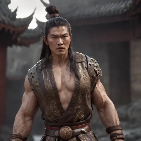 (professional 3d render:1.3) af (Realistic:1.3) most beautiful artwork photo in the world，Features soft and shiny ancient Chinese male heroes, ((Epic hero fantasy muscle man rough wet hero angry looking long hair short beard and ferocious expression in dyn...