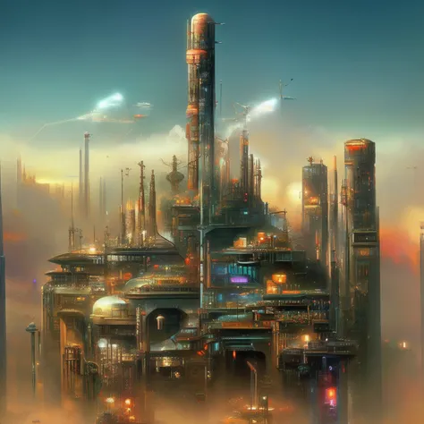 "a fusion of rustic fantasy city and futuristic technology, CyberPunk-inspired, highly detailed artwork reminiscent of the vibrant and captivating backgrounds by Bruce Pennington and the distinctive style of John Blanche"