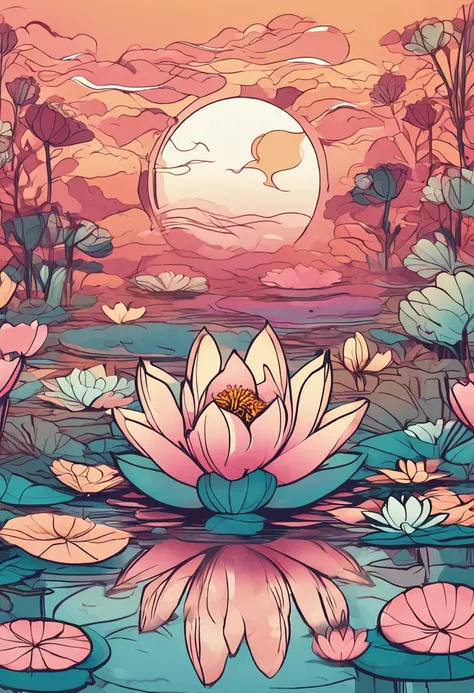 Around a pond with colorful lotus flowers floating on the surface of the water、People who meditate々Illustration sitting」:
grounds: The lotus flower symbolizes purification and growth、Water represents emotions and sensibilities。Meditating around the lotus f...