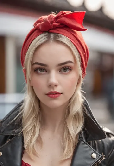 Blonde girl, short, red bandanna, leather jacket, thick eyebrows, long eyelash