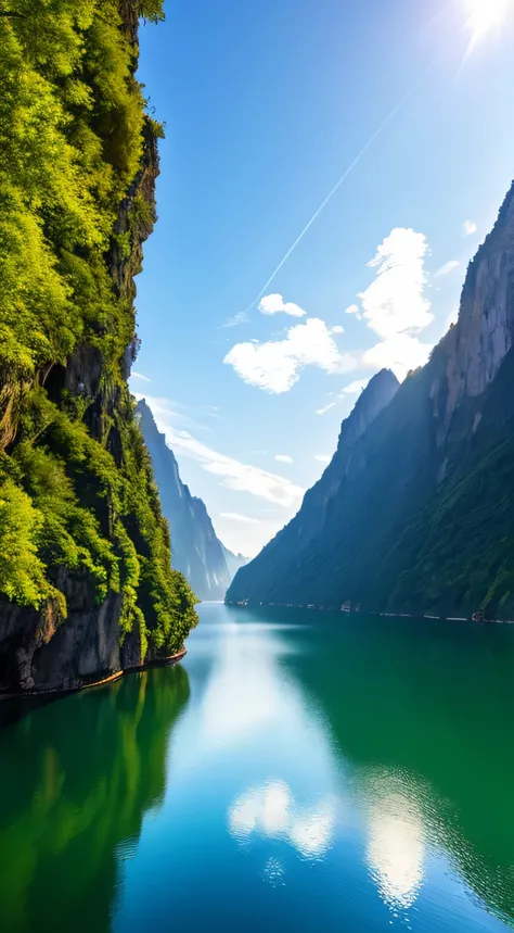 Masterpiece, ultimate quality, Cg unity 8k wallpaper, super delicate, beautiful sky and clouds, rich natural scenery, cliffs, lakes and rivers, waterfalls and flying water, beautiful green mountains, no trace of people, excellent scenery, has already won a...