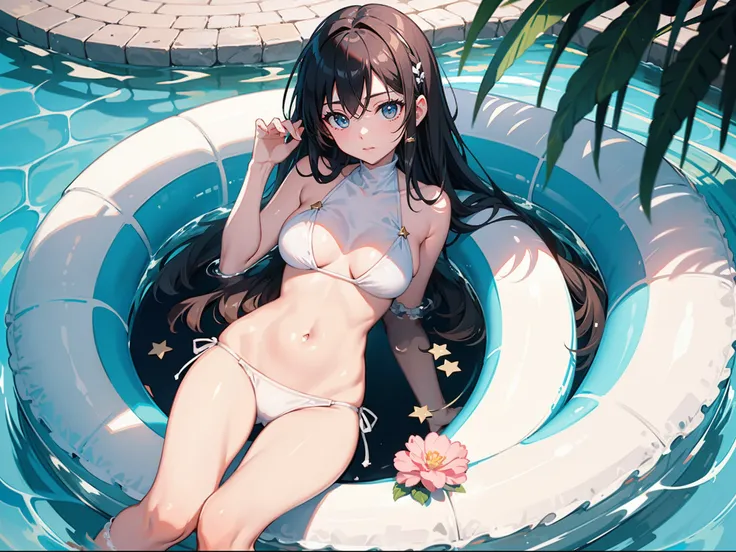 2D, (Simple background), BREAK masterpiece, Ultimate highest quality, Ultra-detailed, Best Quality, ((kawaii)), 1girl in, Cute, Black hair, (White Bikini:1.1), (in poolside), Sunshine, various hairstyles, (Lens Flare:0.6), (White glow:1), (light reflection...