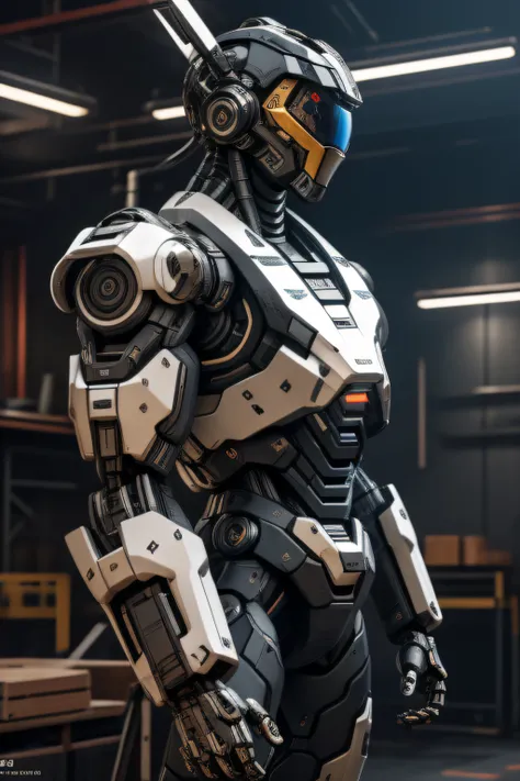 (masterpiece, best quality),  intricate details, photo, realistic, unreal engine, 
 Mecha, humanoid robot, robot, robot joints, joints, helmet, armor, robot man, new, cyberpunk warehouse, computer terminals, arcing electricity,  sp3ct4,  dark atmosphere,