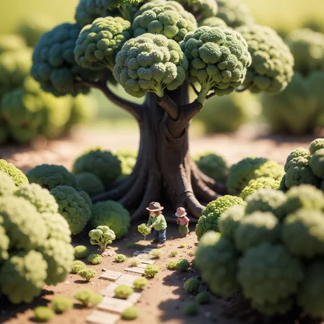 tiny little people is picking broccoli under the broccoli tree with a ladder, There are flowers and grass on the ground, natural light, miniature, blur background, clear details, tilt-shift, macro photography, isometric, 3d