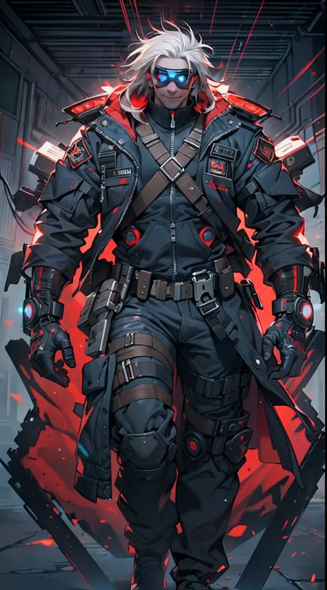 (1 Handsome Man)、(Very huge muscles)、(Unusually large muscles)、(Red cyberpunk military uniform all over the body:1.3)、(Red aura emanating from clothes:1.5)、(Military equipment:1.2)、(White hair)、(Cyberpunk Black Helmet:1.0)、(cyberpunk helmet)、(30-years old)...