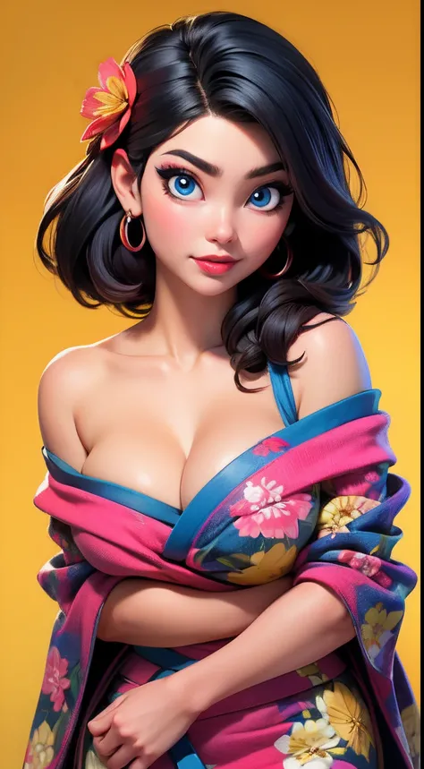 Split Color Hair、ichiro、 1girl in, Cowboy Shot、独奏, blue eyess, A dark-haired, hair adornments, Hugged, cleavage of the breast, middlebreast, Clean curves、florals, red japanese clothes, kimono, off shoulders, manicure, makeup, lipsticks, yellow background, ...
