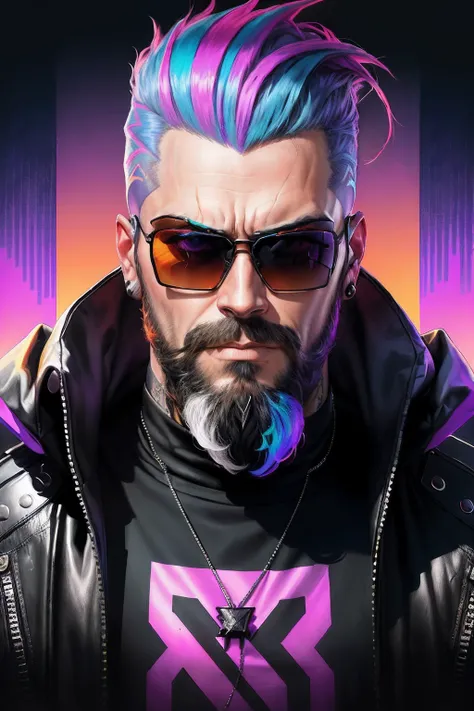 A man with a beard and sunglasses, Cyberpunk art of a, funk art, Stunning gradient colors, stylized portrait h 704, Pompadour, twitch streamer, cool colours. insanely details, T-800, No watermark signature, plethora of colors, outrun