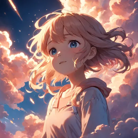 masterpiece, best quality, movie still, 1girl, cloud girl, floating in the sky, close-up, bright, happy, warm soft lighting, sunset, (sparks:0.7)