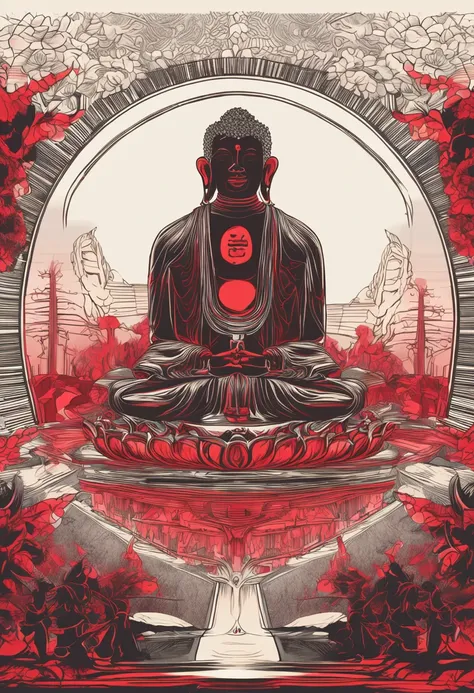 chanting Buddhist monk,  silhouetted by electric red mandala