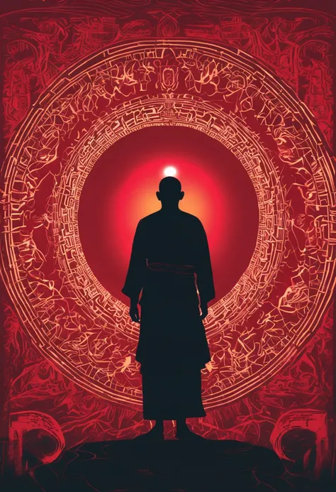 chanting Buddhist monk,  silhouetted by electric red mandala