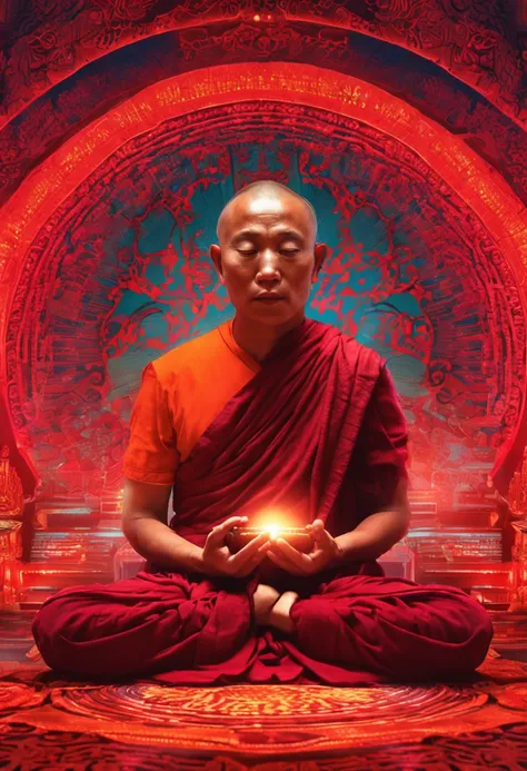 "chanting Buddhist monk in the vibrant glow of an electric red mandala"