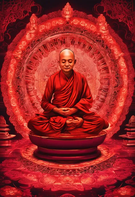 "chanting Buddhist monk in the vibrant glow of an electric red mandala"