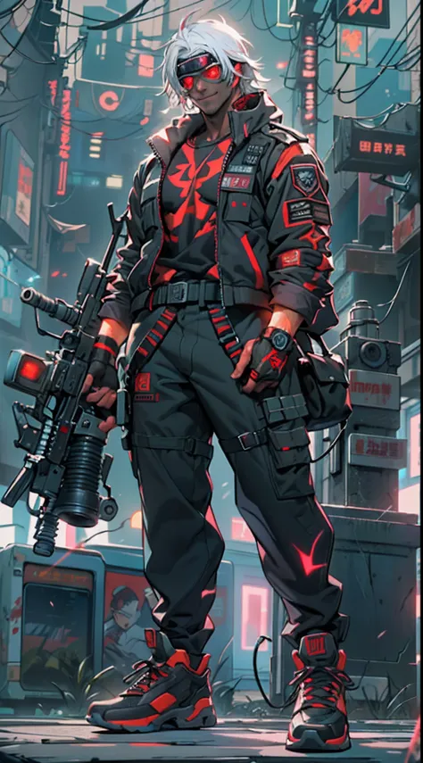 (1 Handsome Man)、(Very huge muscles)、(Unusually large muscles)、(Red cyberpunk military uniform all over the body:1.3)、(Red aura emanating from clothes:1.5)、(Military equipment:1.2)、(White hair)、(Black Cyberpunk Helmet:1.0)、(cyberpunk helmet)、(30-years old)...