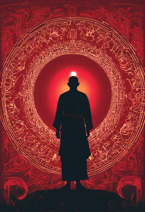 chanting Buddhist monk,  silhouetted by electric red mandala