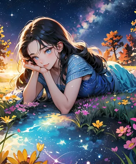 Describe a scene where a cute girl character is lying on a grassy hill, gazing up at a starry night sky. Have her surrounded by colorful nebulae and her favorite constellation.