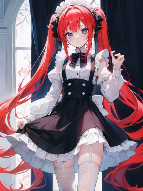 red hair,blue eyes,twintails,maid, long hair, long sleeves, gothic, solo, loli,Short skirt, white stockings,{{best quality}}, {{masterpiece}}, {{ultra-detailed}}, {illustration}, {detailed light}, {an extremely delicate and beautiful},little girl,cute,