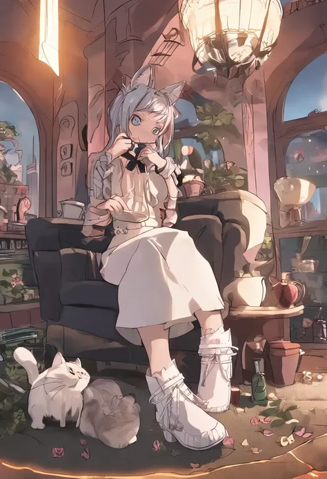 1girl，Cat lady，enjoying，drinking glass，White stockings，whaite hair，