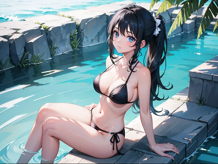 2D, (Simple background), BREAK masterpiece, Ultimate highest quality, Ultra-detailed, Best Quality, ((kawaii)), 1girl in, Cute, Black hair, (Black Bikini:1.1), (in poolside), Sunshine, various hairstyles, (Lens Flare:0.6), (White glow:1), (light reflection...