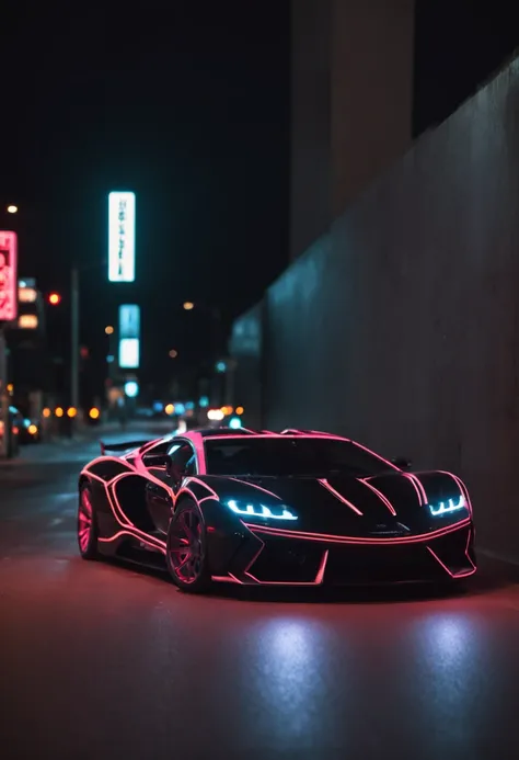 "Cyberpunk streets，The high-tech sports car flashed in an instant，The light and shadow of the neon lights shine brightly。"